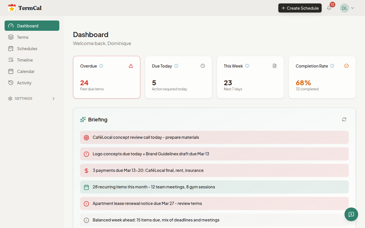 TermCal Dashboard showing contract timeline and reminders
